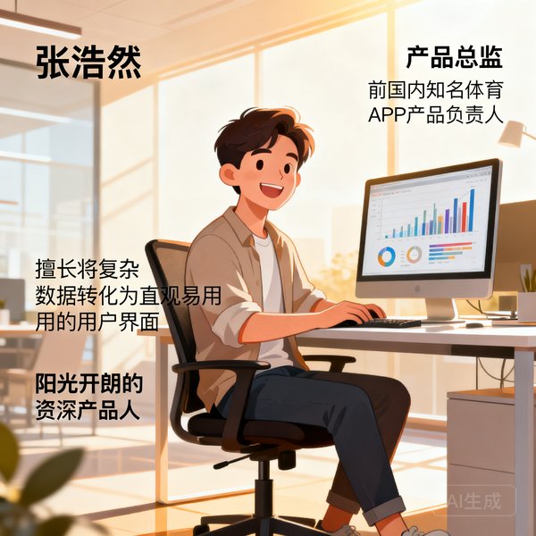 张浩然，产品总监，前国内知名体育APP产品负责人，擅长将复杂数据转化为直观易用的用户界面，阳光开朗的资深产品人。